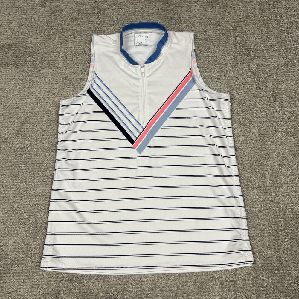 Lucky In Love Tennis Tank Top Womens XS Pickleball Workout Golf Training Striped